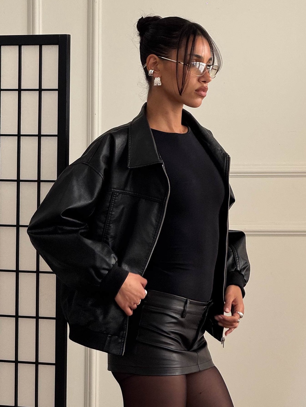 Princess Polly Faux Leather Bomber Jacket Black